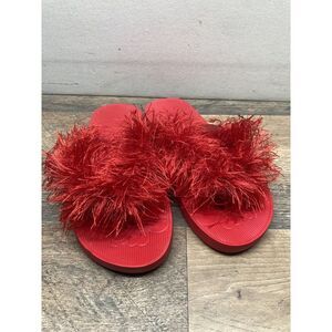 Grendene Sandals‎ Women's Sz 8 Made In Brazil Red Fluffy Yarn Fun Vacation